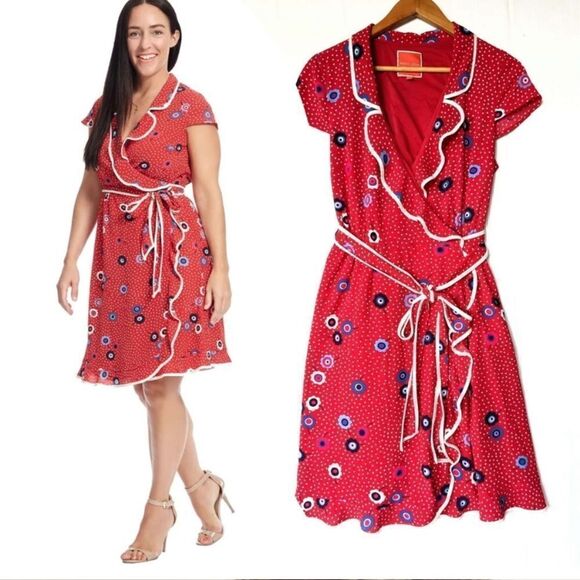 ModCloth Floral and Polkadot Red Wrap Dress size Small - Picture 2 of 8